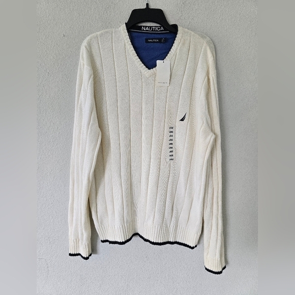 NAUTICA Sweater Mens Sz L Tan V-Neck Chunky Knit Granpa Core Eclectic New - Picture 2 of 7